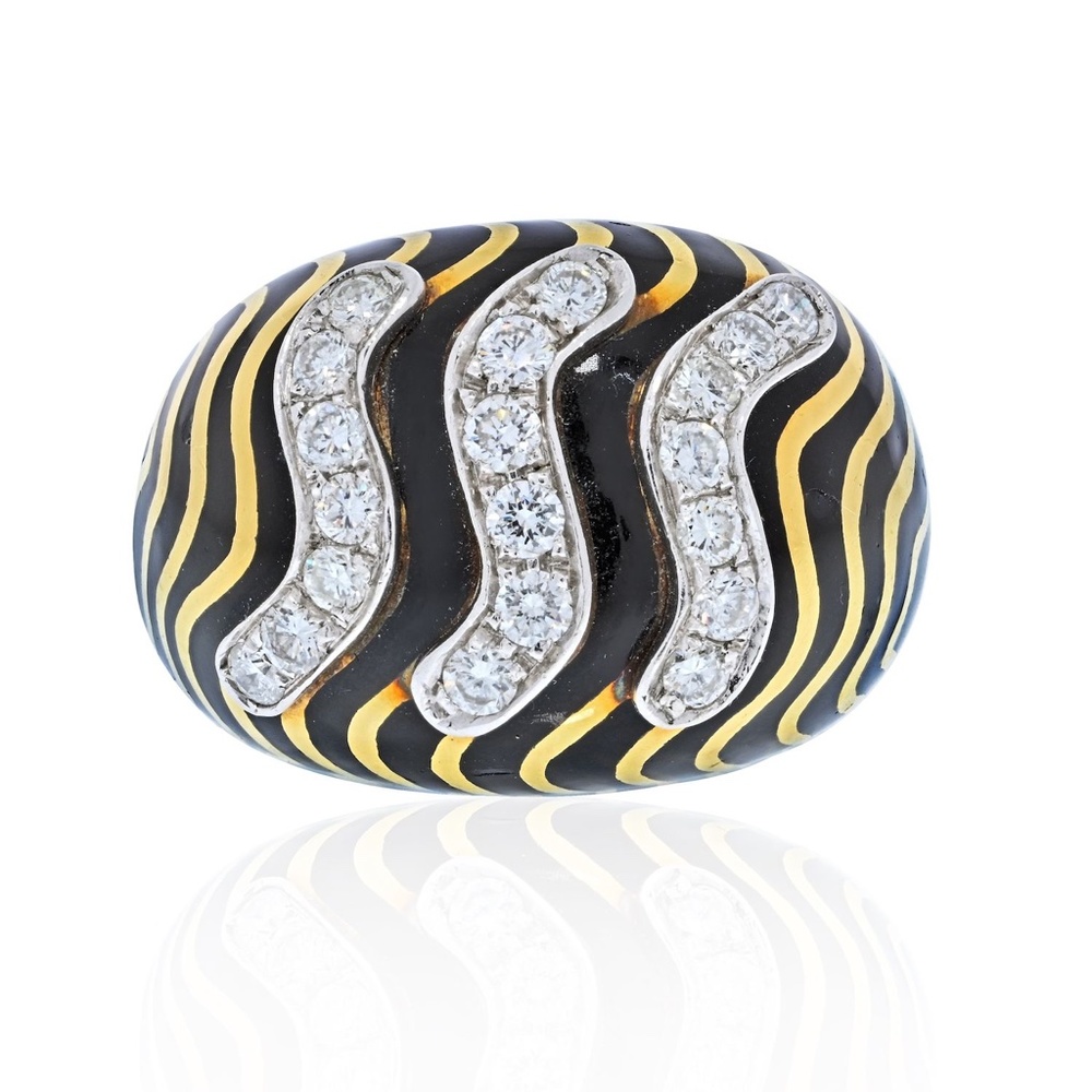 David Webb Diamond, Black Enamel Zebra Stripe Dome Ring